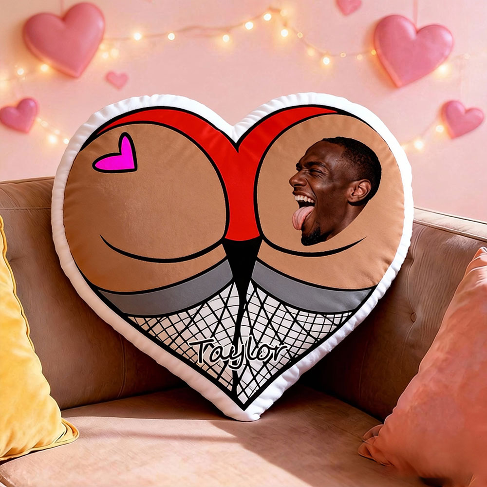 Customized Couple Photo Pillow – Red Heart-Shaped Personalized Fishnet Stocking Pillow, The Perfect Valentine's Day Gift.