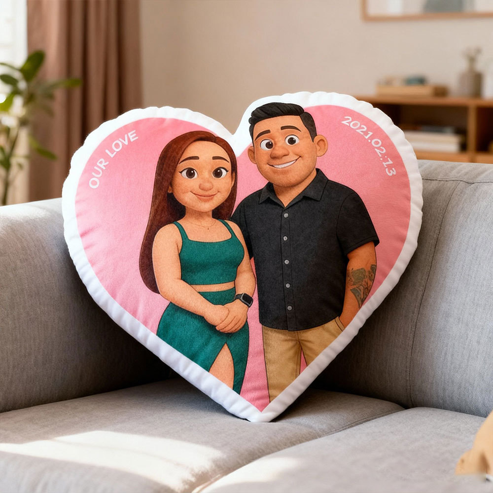 Customized Couple Photo Pillow – Red Heart-Shaped Personalized Portrait Pillow, The Perfect Valentine's Day Gift.