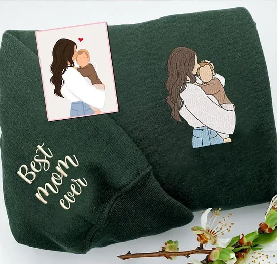 Custom Embroidered Photo Portrait Hoodie/Sweatshirt for Mom – Upload Your Precious Photo of Mom & Kids