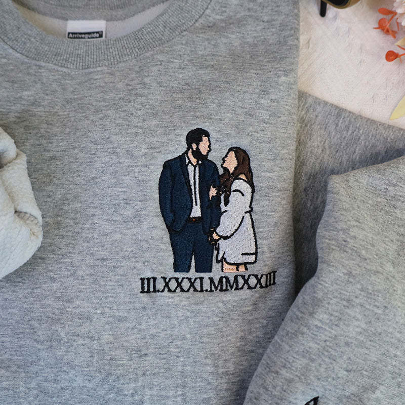 Custom Embroidered Sweatshirt Portrait - Personalized Couple Gift, Add Roman Numerals at the Bottom of Photo, Perfect Anniversary Gift