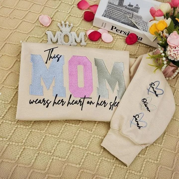 Personalized Heart On Sleeve Embroidered Sweatshirt-A Thoughtful Gift For Mom & Grandma