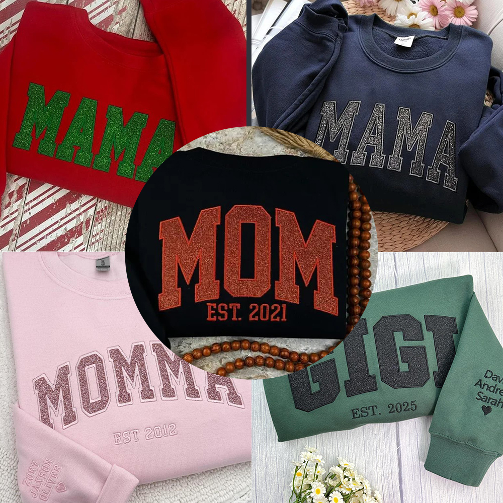 Embroidered Applique Glitter Mama Sweatshirt with Kids Names on Sleeve