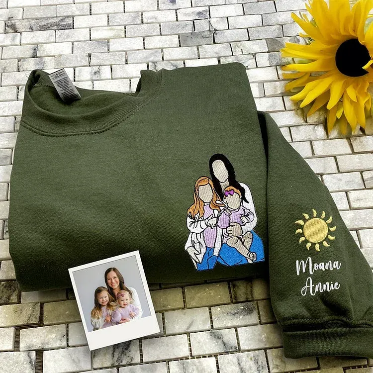 Custom Embroidered Photo Portrait Hoodie/Sweatshirt for Mom – Upload Your Precious Photo of Mom & Kids