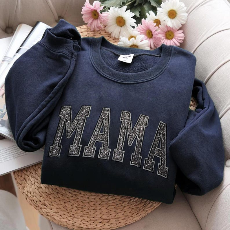 Embroidered Applique Glitter Mama Sweatshirt with Kids Names on Sleeve