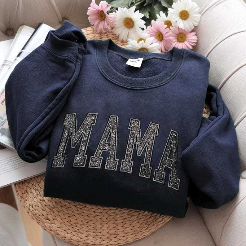 Embroidered Applique Glitter Mama Sweatshirt with Kids Names on Sleeve