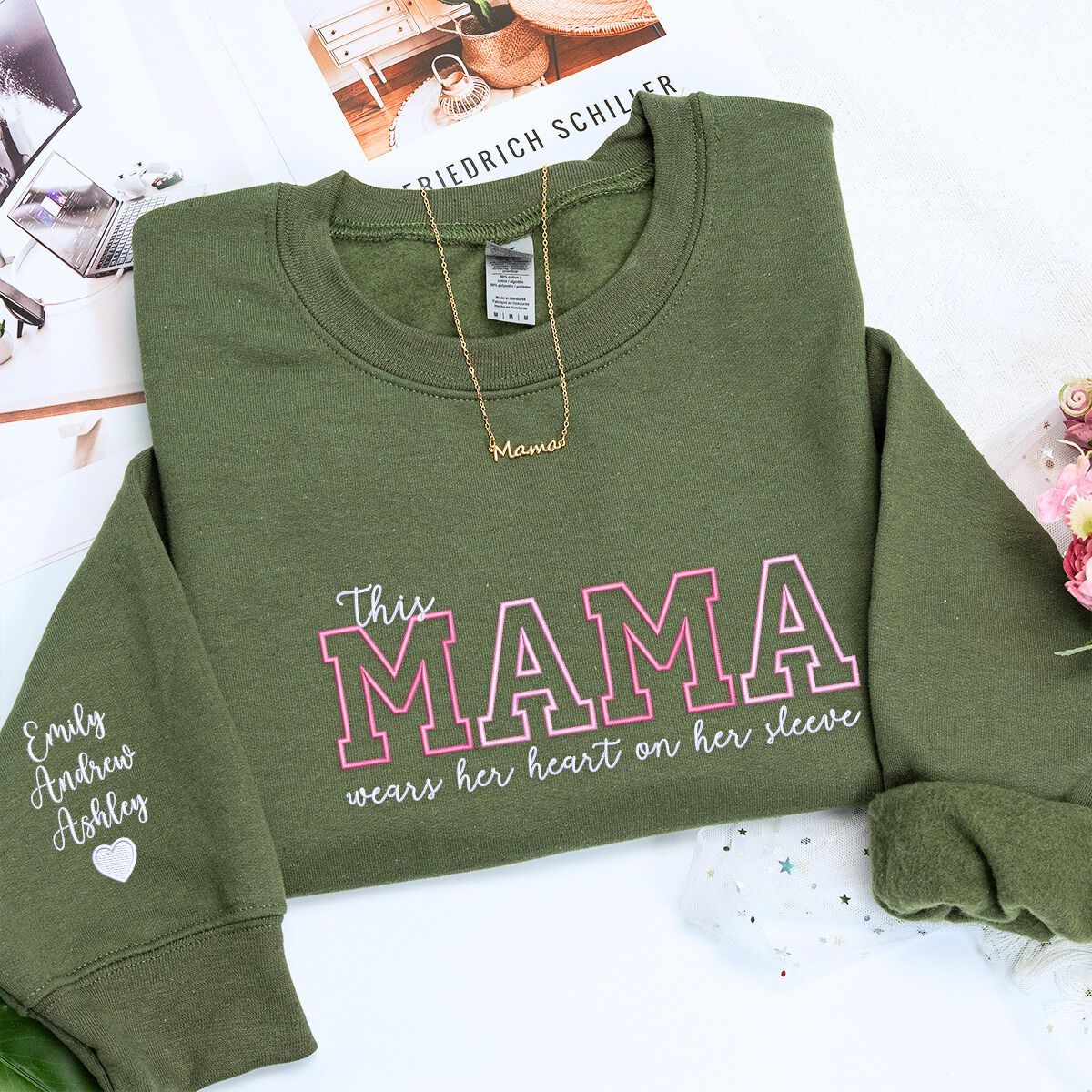 💖 This Mama Wears Her Heart on Her Sleeve – Custom Embroidered Sweatshirt or Hoodie