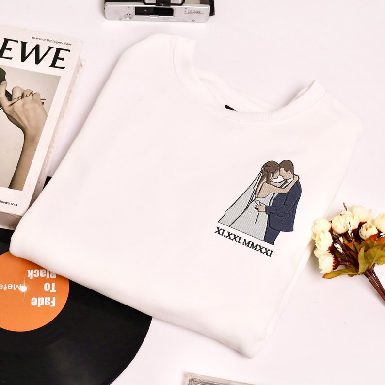 Custom Embroidered Sweatshirt Portrait - Personalized Couple Gift, Add Roman Numerals at the Bottom of Photo, Perfect Anniversary Gift