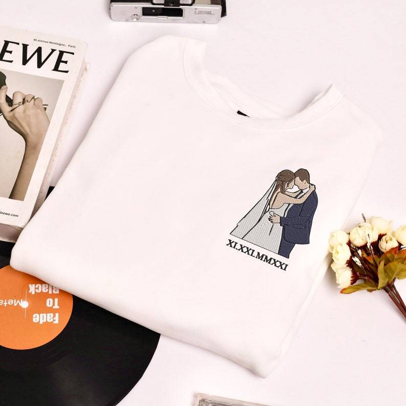 Custom Embroidered Sweatshirt Portrait - Personalized Couple Gift, Add Roman Numerals at the Bottom of Photo, Perfect Anniversary Gift