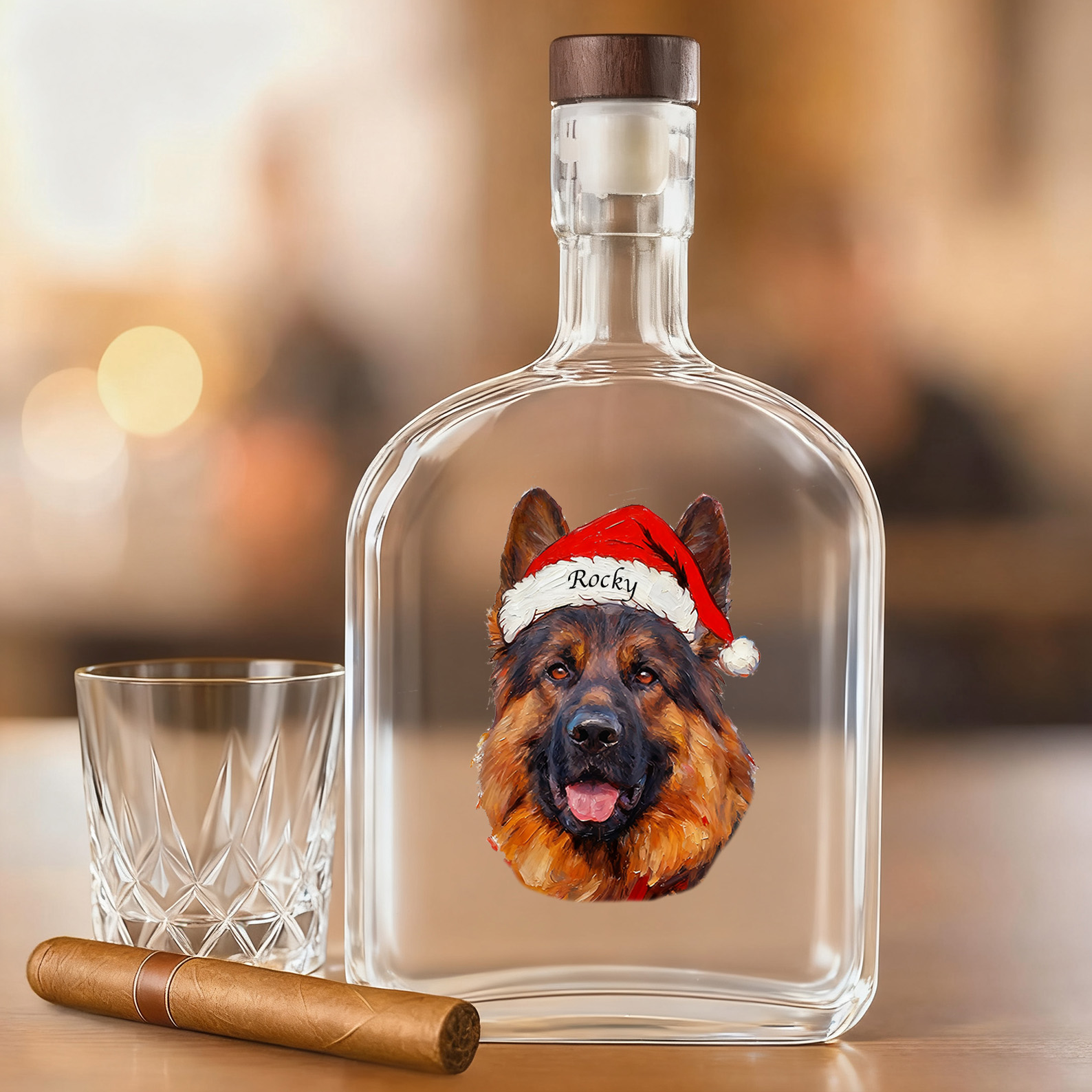 Custom Pet Portrait Christmas Oil Painting Style Whiskey Bottle