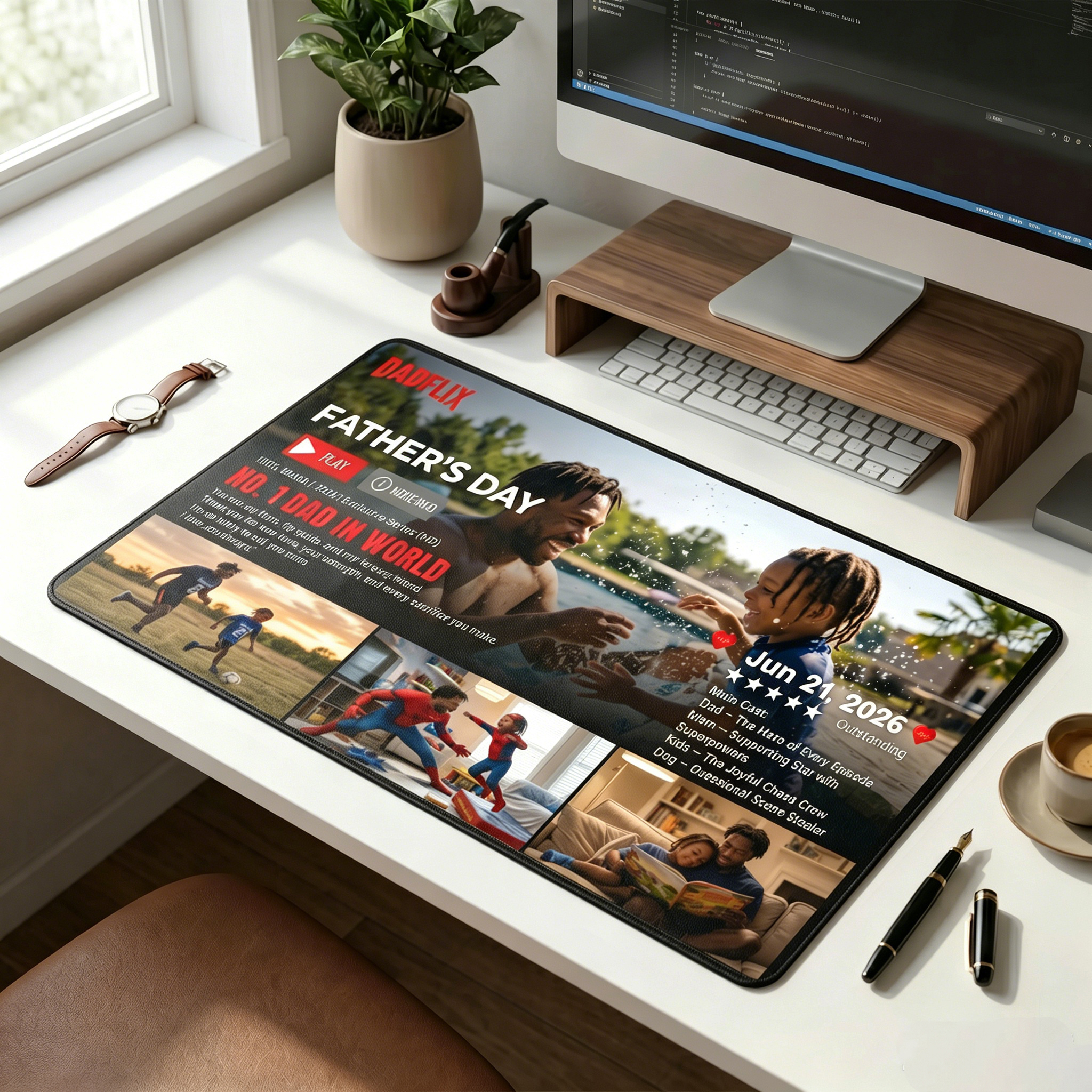 Custom DADFLIX FATHER'S DAY Mouse Pad for Dad - Personalized Streaming Service Desk Mat with Multiple Photos & Text - Funny Father's Day Gift 