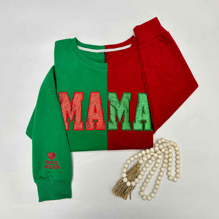 Custom Glitter Two Tone MAMA Embroidered Sweatshirt With Kid's Name On Sleeve