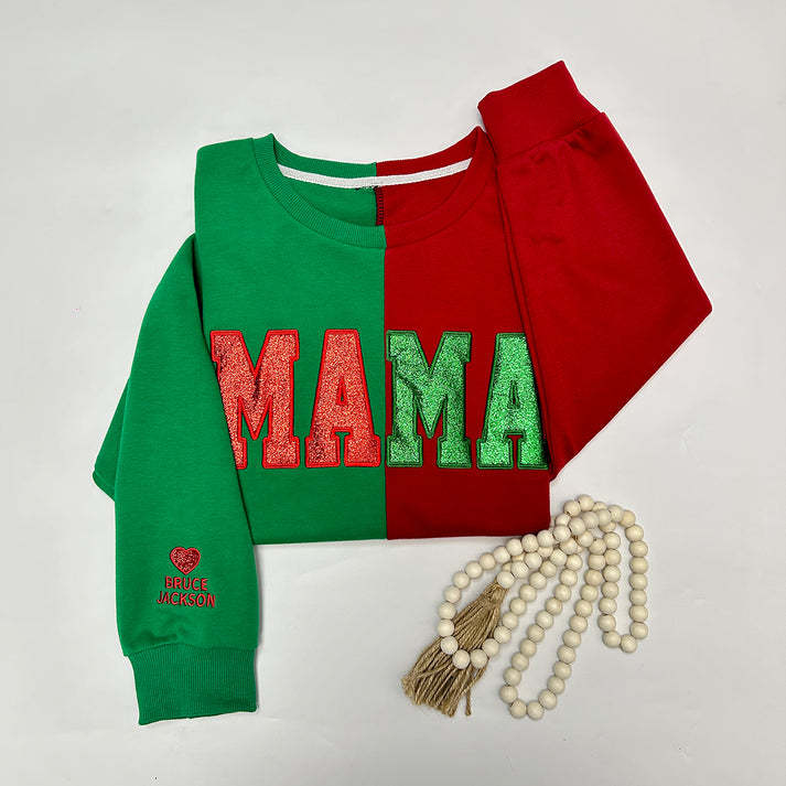 Custom Glitter Two Tone MAMA Embroidered Sweatshirt With Kid's Name On Sleeve