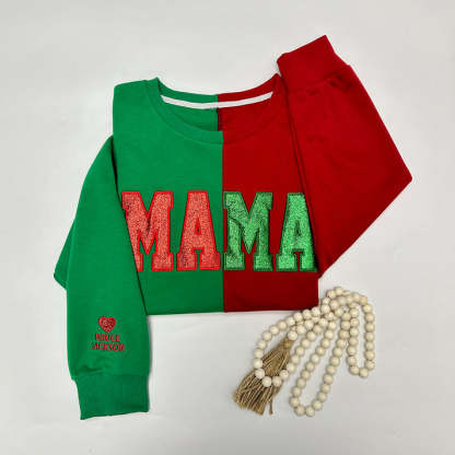 Custom Glitter Two Tone MAMA Embroidered Sweatshirt With Kid's Name On Sleeve