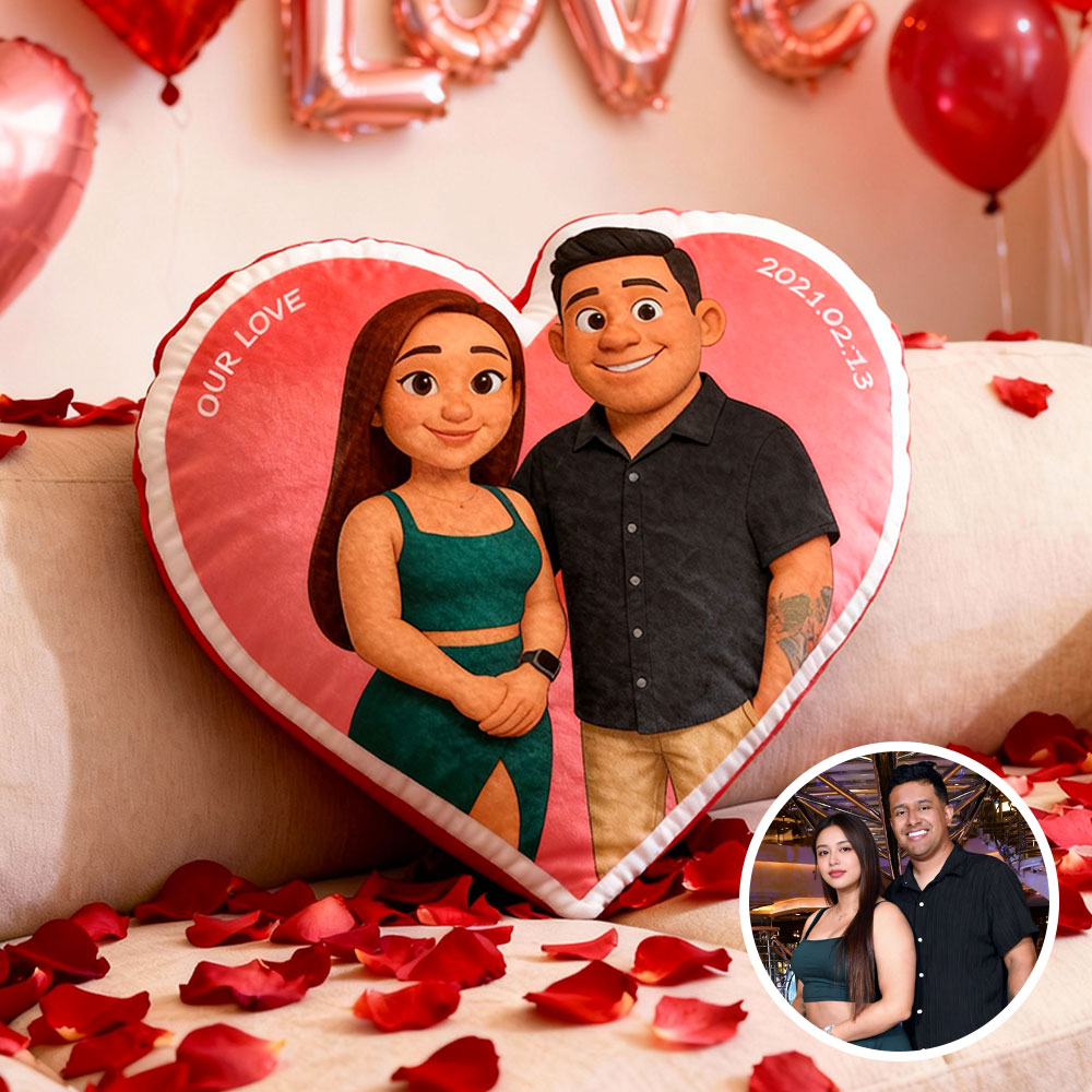 Customized Couple Photo Pillow – Red Heart-Shaped Personalized Portrait Pillow, The Perfect Valentine's Day Gift.