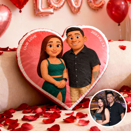 Customized Couple Photo Pillow – Red Heart-Shaped Personalized Portrait Pillow, The Perfect Valentine's Day Gift.