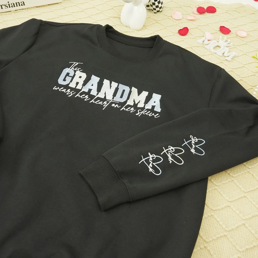 Personalized Heart On Sleeve Embroidered Sweatshirt-A Thoughtful Gift For Mom & Grandma