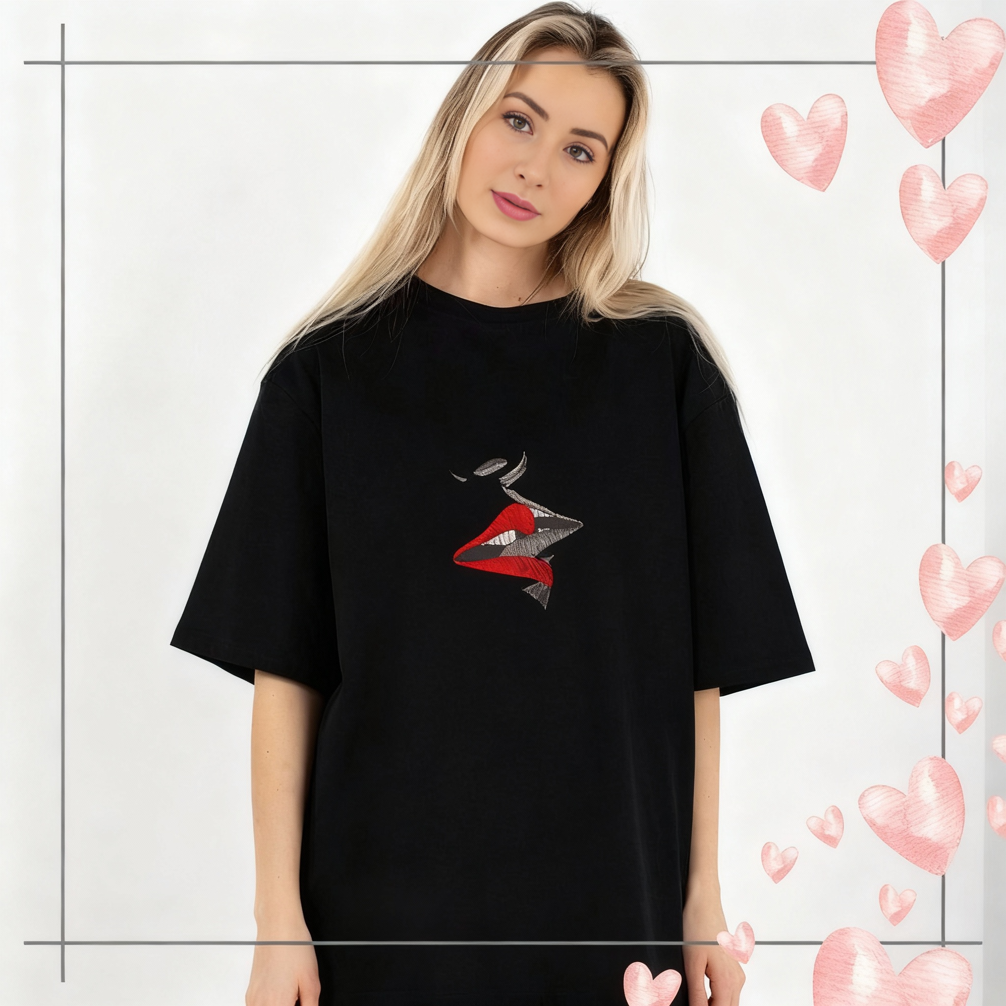 Kissing Pattern Embroidered Sweatshirt, Love-Themed Embroidered Hoodie