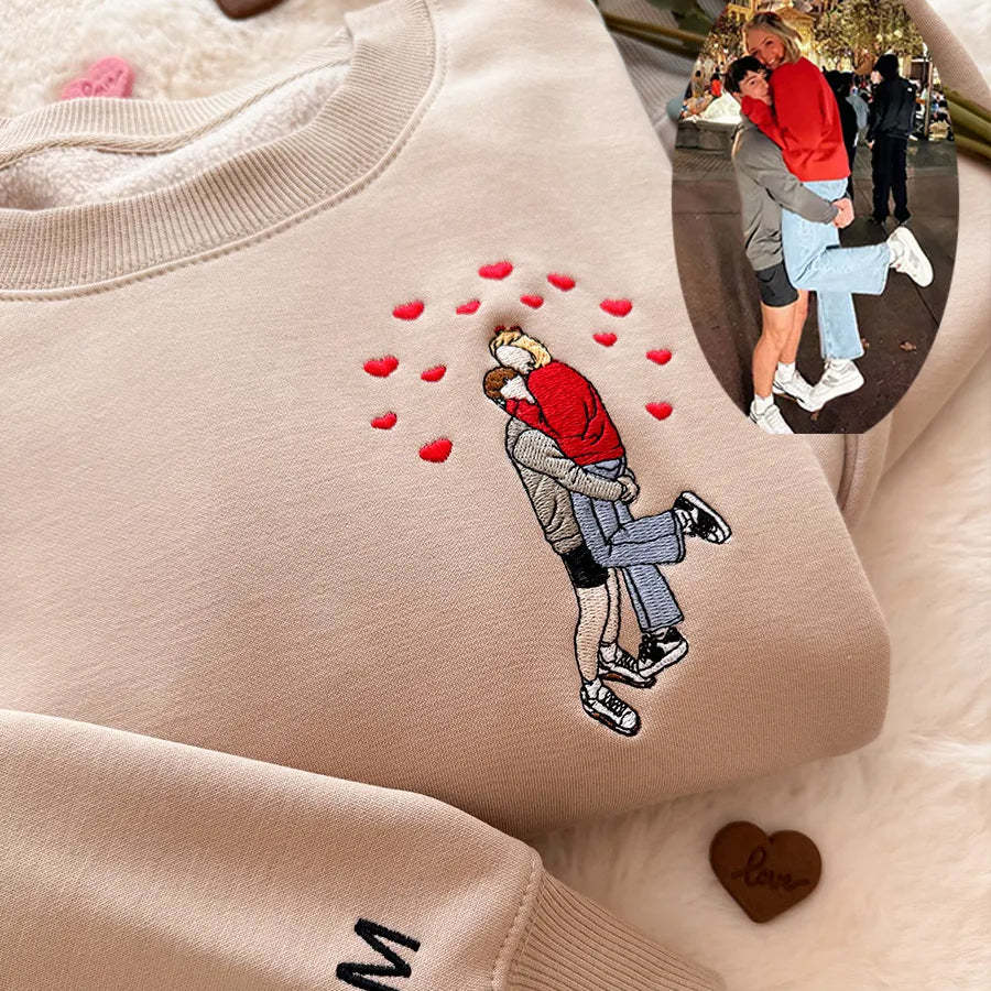 Custom Embroidered Mom Portrait Sweatshirt from Photo – Personalized New Mom or Mom & Kids Portrait, Heartfelt Background, Perfect Family Gift