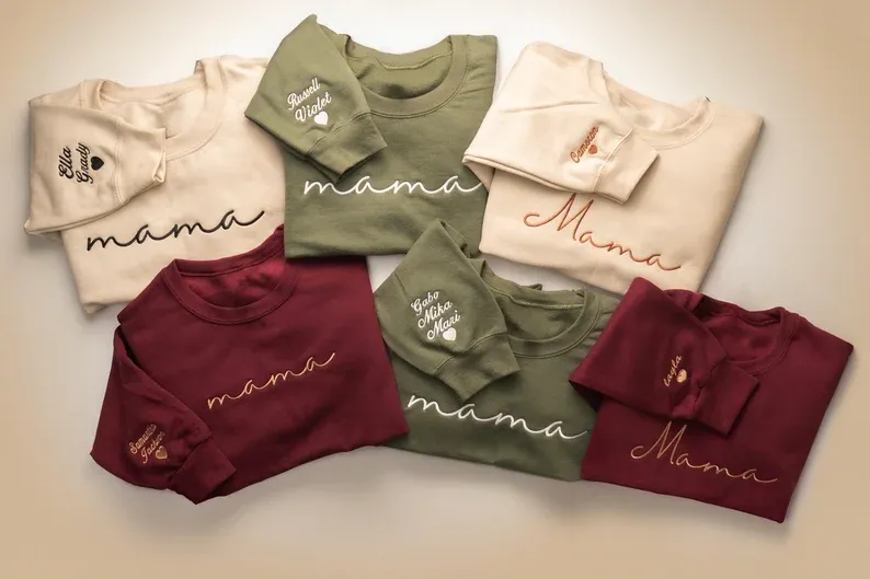 Embroidered custom Mama Sweatshirt - Kid Names on Sleeve -Perfect for Mothers Day, Birthday, New Mom