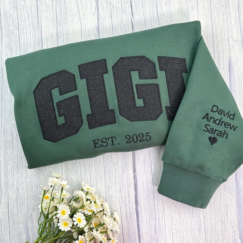 Embroidered Applique Glitter Mama Sweatshirt with Kids Names on Sleeve