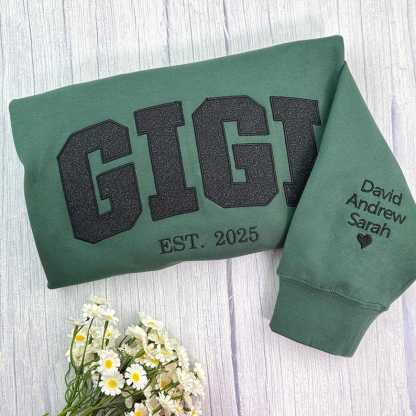 Embroidered Applique Glitter Mama Sweatshirt with Kids Names on Sleeve