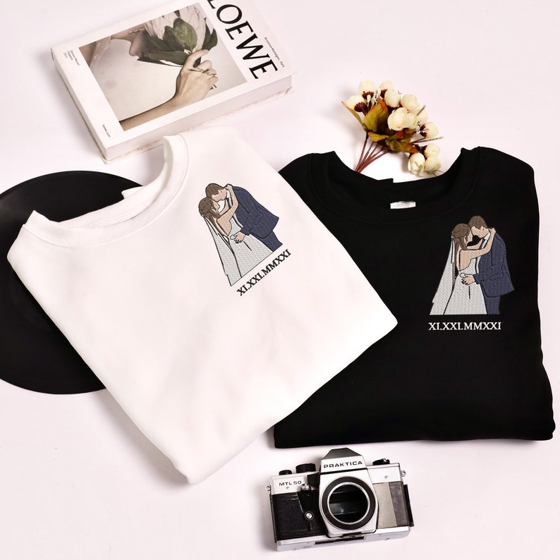 Custom Embroidered Sweatshirt Portrait - Personalized Couple Gift, Add Roman Numerals at the Bottom of Photo, Perfect Anniversary Gift