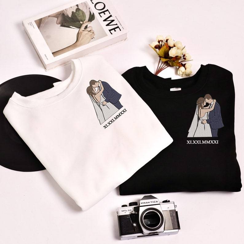 Custom Embroidered Sweatshirt Portrait - Personalized Couple Gift, Add Roman Numerals at the Bottom of Photo, Perfect Anniversary Gift