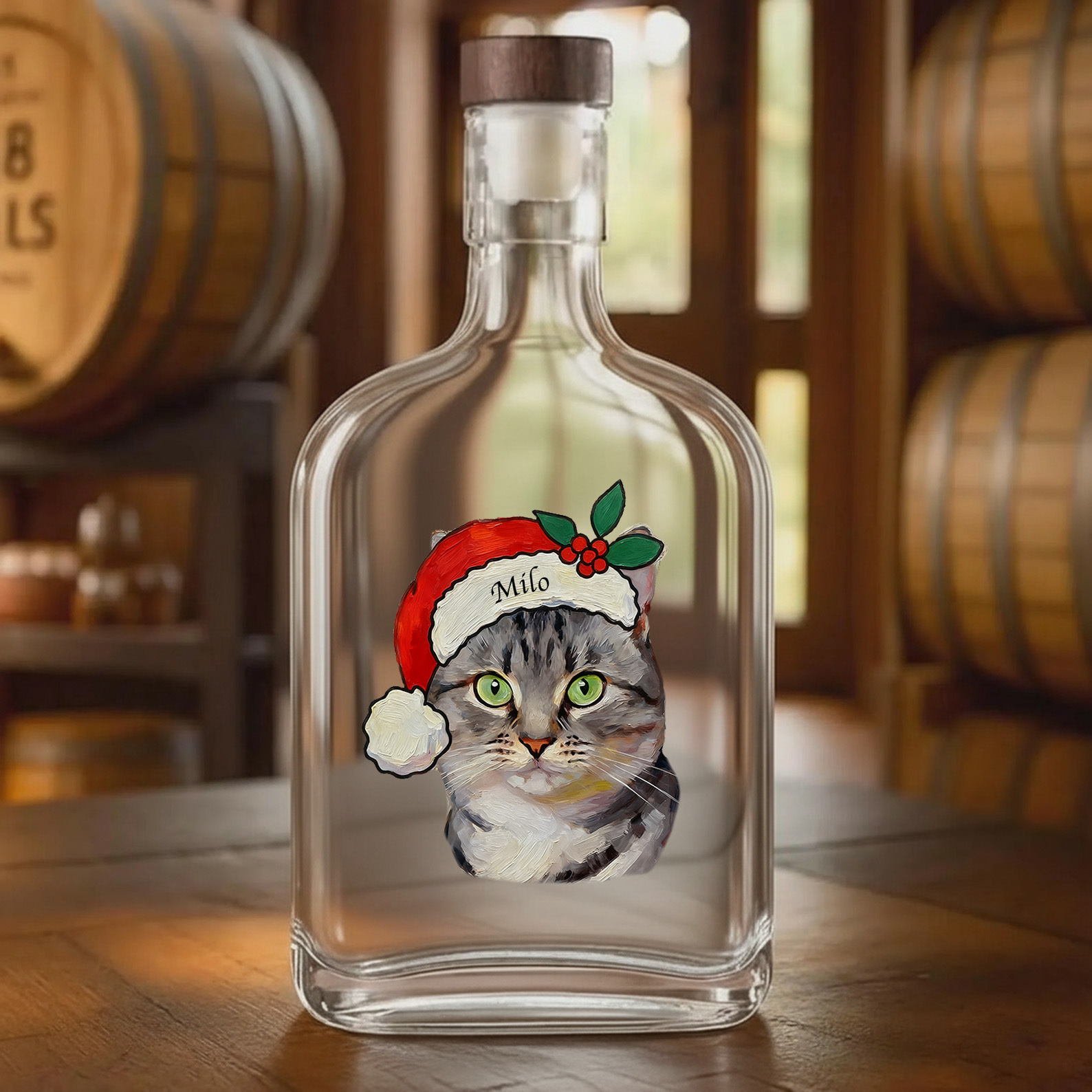 Custom Pet Portrait Christmas Oil Painting Style Whiskey Bottle