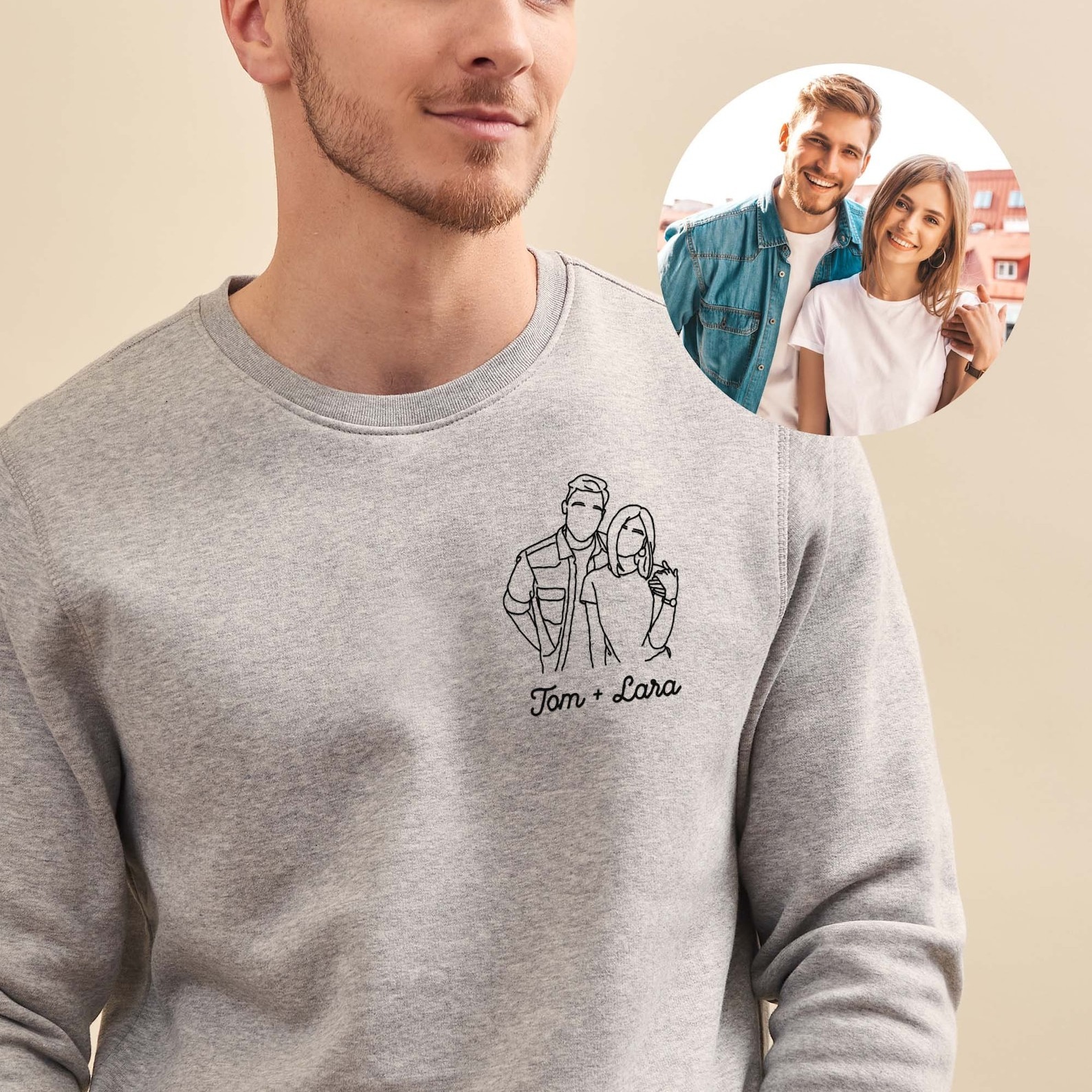 Custom Embroidered Line Drawing Portrait T-shirt & Sweatshirt - Personalized Photo Embroidery, Perfect Gift for Father's Day & Mother's Day, Unisex Custom Apparel