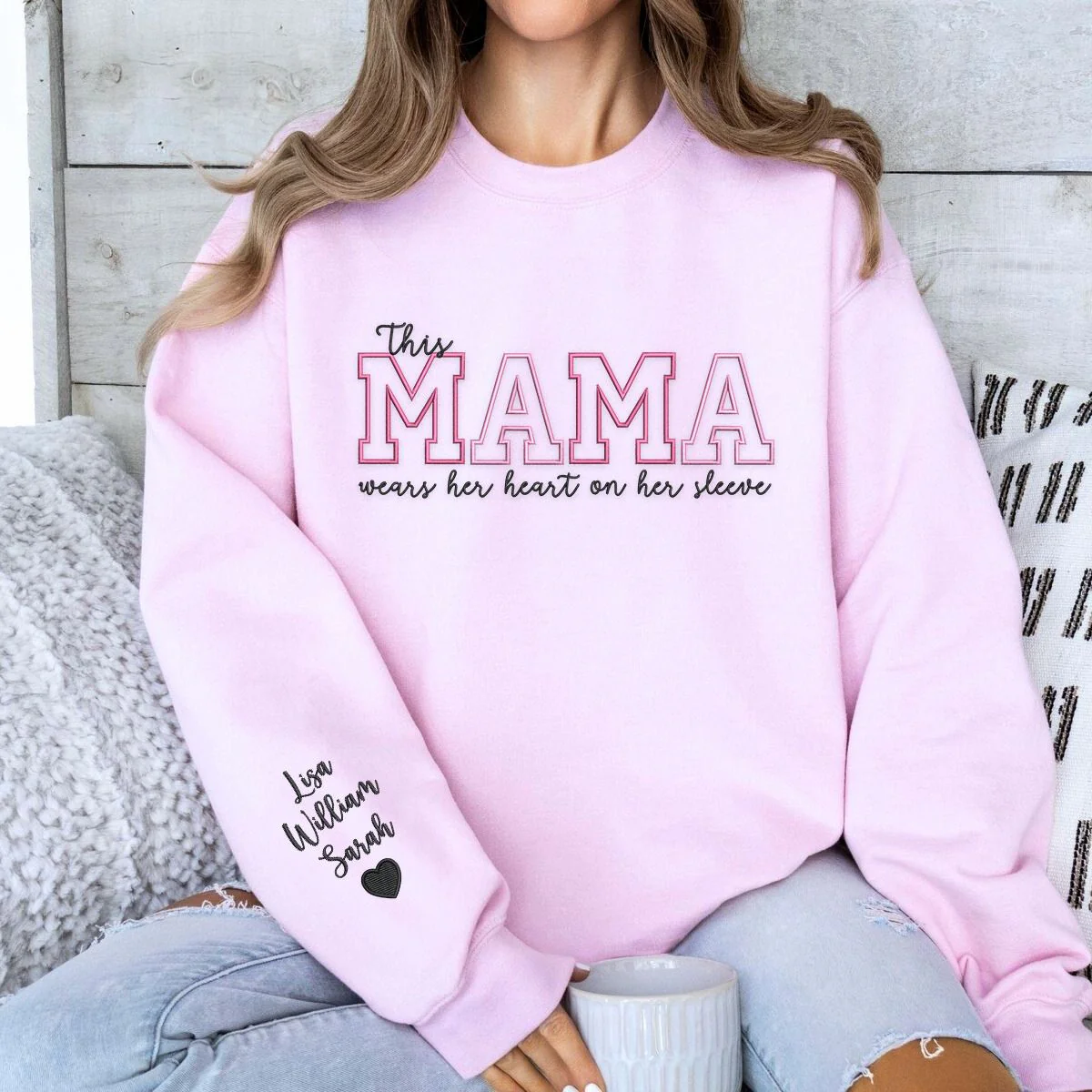 💖 This Mama Wears Her Heart on Her Sleeve – Custom Embroidered Sweatshirt or Hoodie