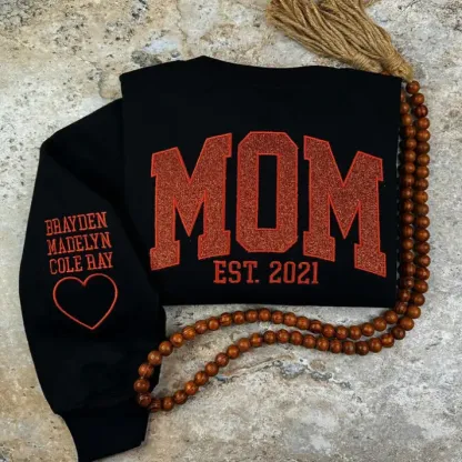 Embroidered Applique Glitter Mama Sweatshirt with Kids Names on Sleeve