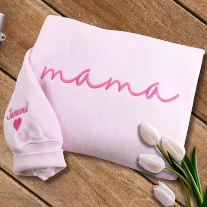 Embroidered custom Mama Sweatshirt - Kid Names on Sleeve -Perfect for Mothers Day, Birthday, New Mom