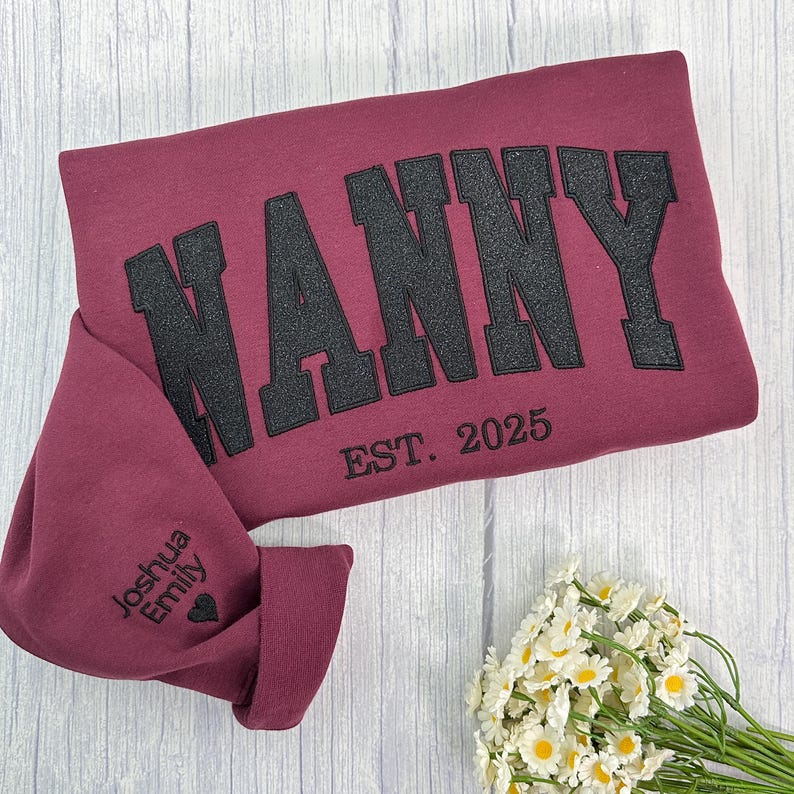 Embroidered Applique Glitter Mama Sweatshirt with Kids Names on Sleeve