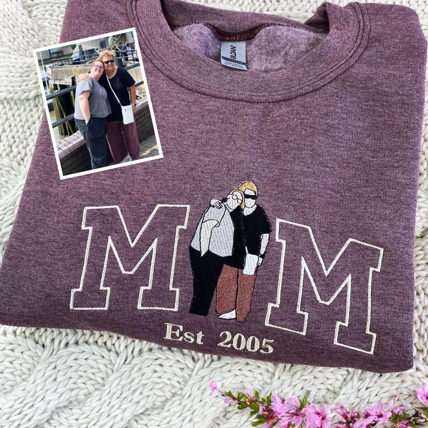 Custom Mama Sweatshirt, Photo Hoodie, Embroidered Mama and Kids Portrait, Varsity Shirt, Personalized Embroidery Shirt for Mom
