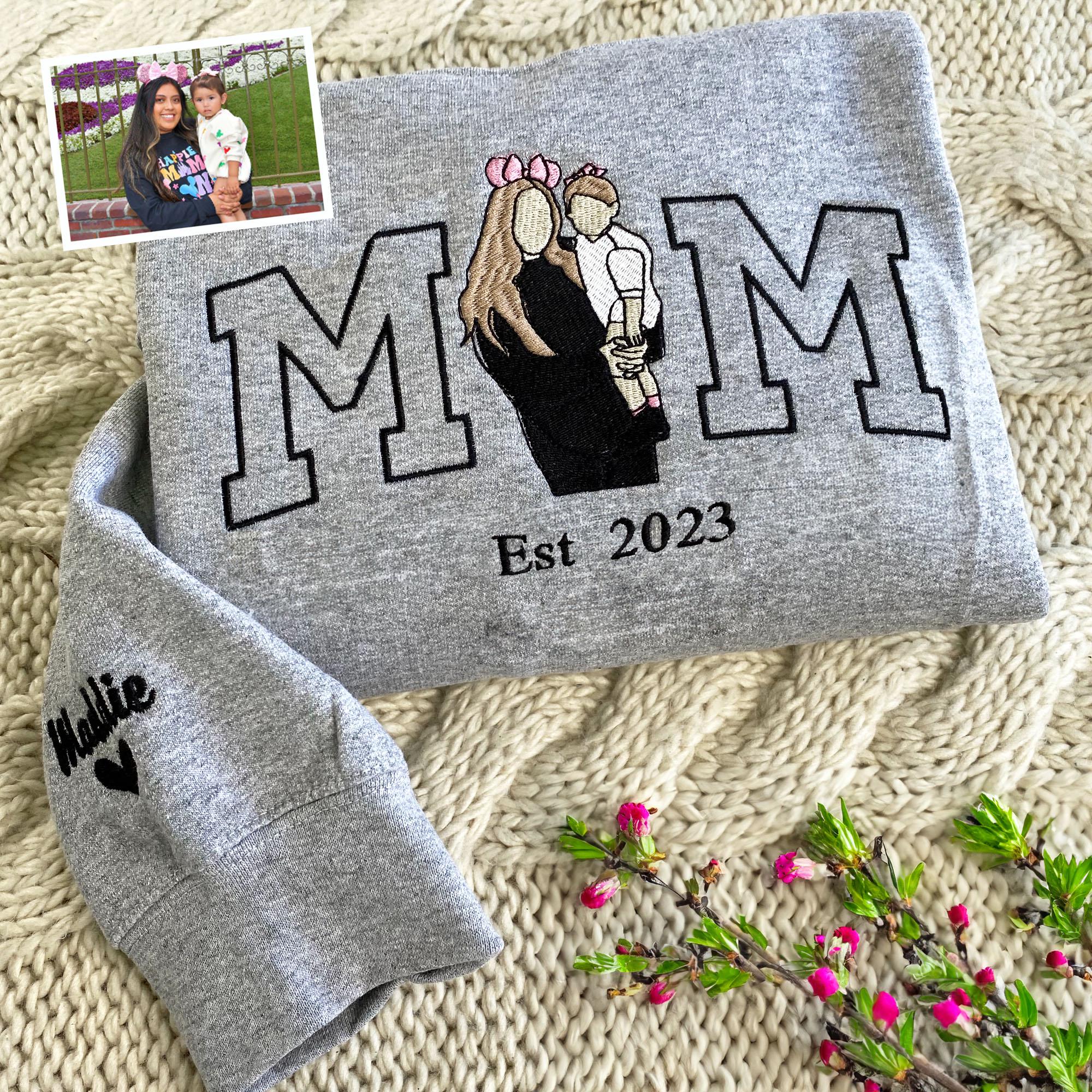 Custom Mama Sweatshirt, Photo Hoodie, Embroidered Mama and Kids Portrait, Varsity Shirt, Personalized Embroidery Shirt for Mom