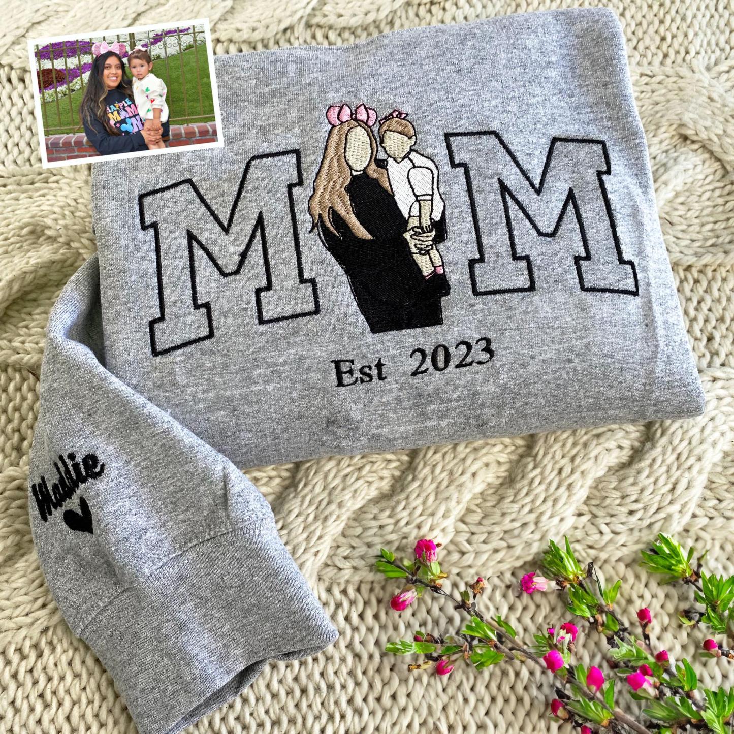 Custom Mama Sweatshirt, Photo Hoodie, Embroidered Mama and Kids Portrait, Varsity Shirt, Personalized Embroidery Shirt for Mom