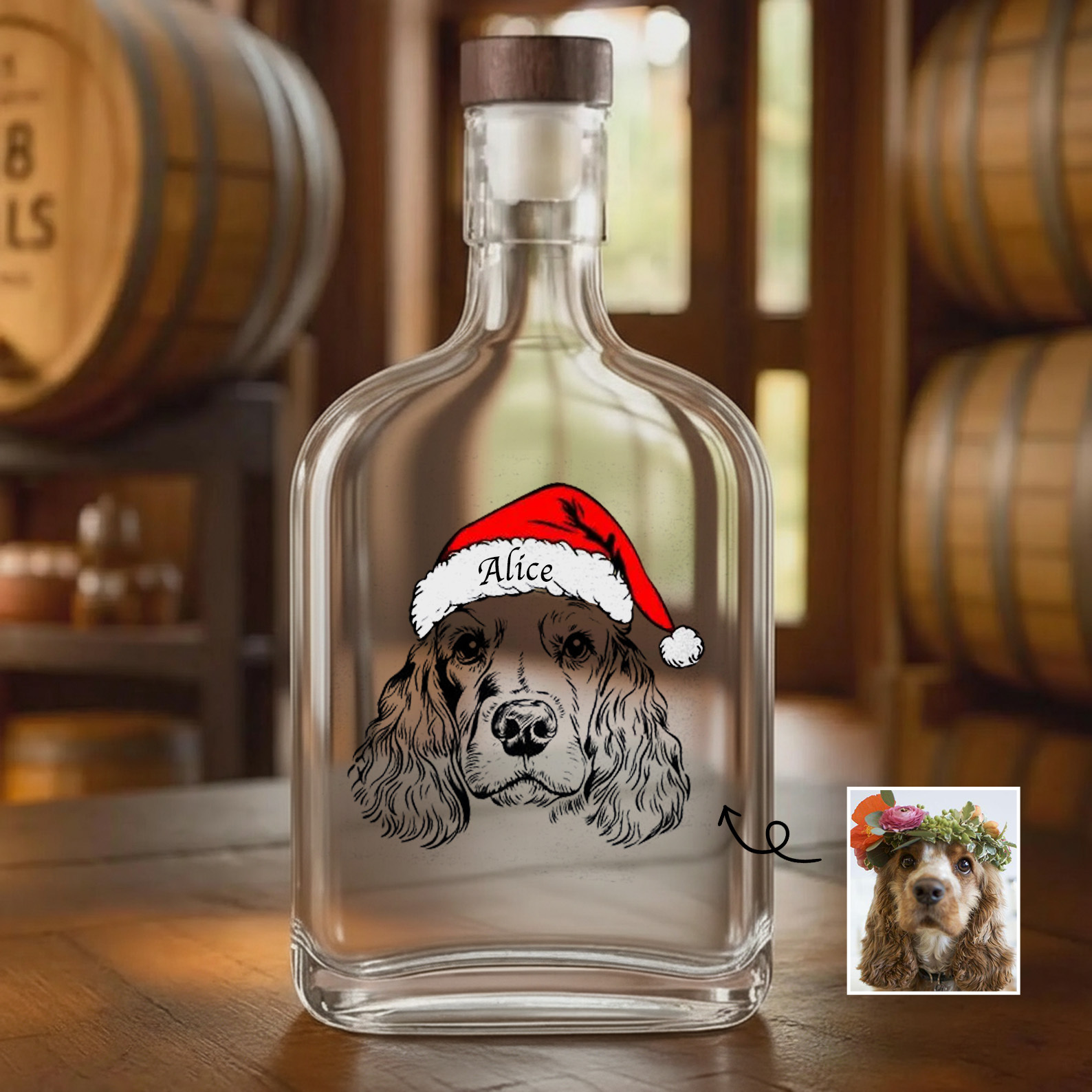 Custom Pet Portrait Christmas Whiskey Bottle