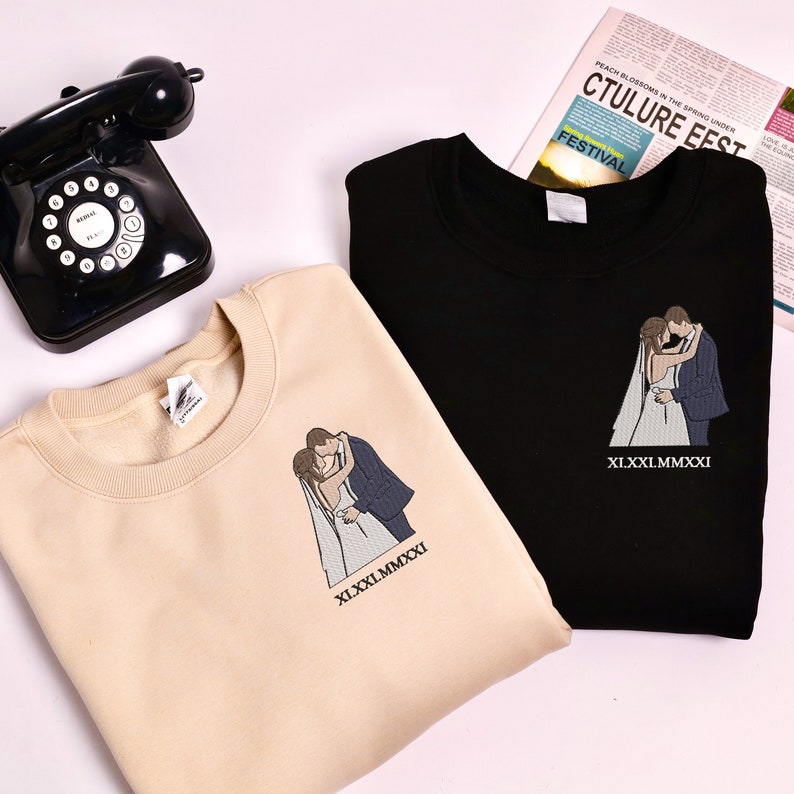 Custom Embroidered Sweatshirt Portrait - Personalized Couple Gift, Add Roman Numerals at the Bottom of Photo, Perfect Anniversary Gift