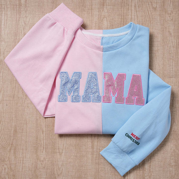 Custom Glitter Two Tone MAMA Embroidered Sweatshirt With Kid's Name On Sleeve