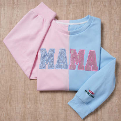 Custom Glitter Two Tone MAMA Embroidered Sweatshirt With Kid's Name On Sleeve