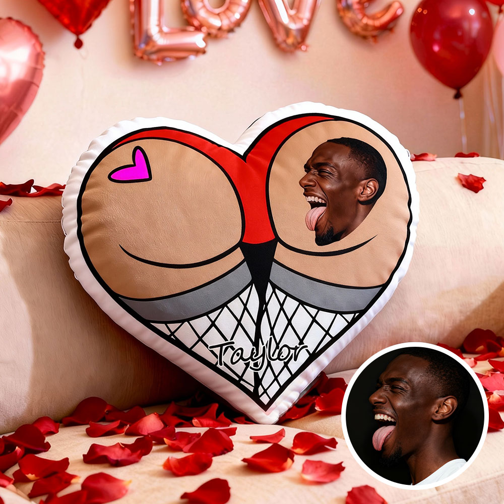 Customized Couple Photo Pillow – Red Heart-Shaped Personalized Fishnet Stocking Pillow, The Perfect Valentine's Day Gift.