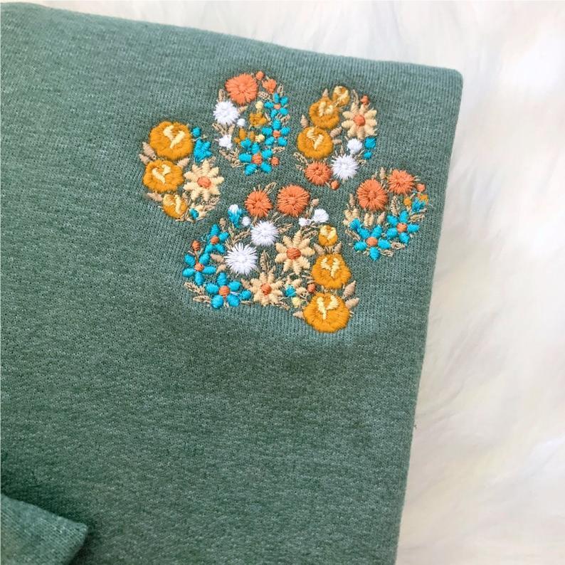 Floral Embroidered Pet Pawprint Sweatshirt/Zip Sweatshirt