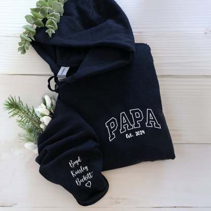 Custom Embroidered Papa Hoodie with Kids Names on Sleeve,Father's Day Gift
