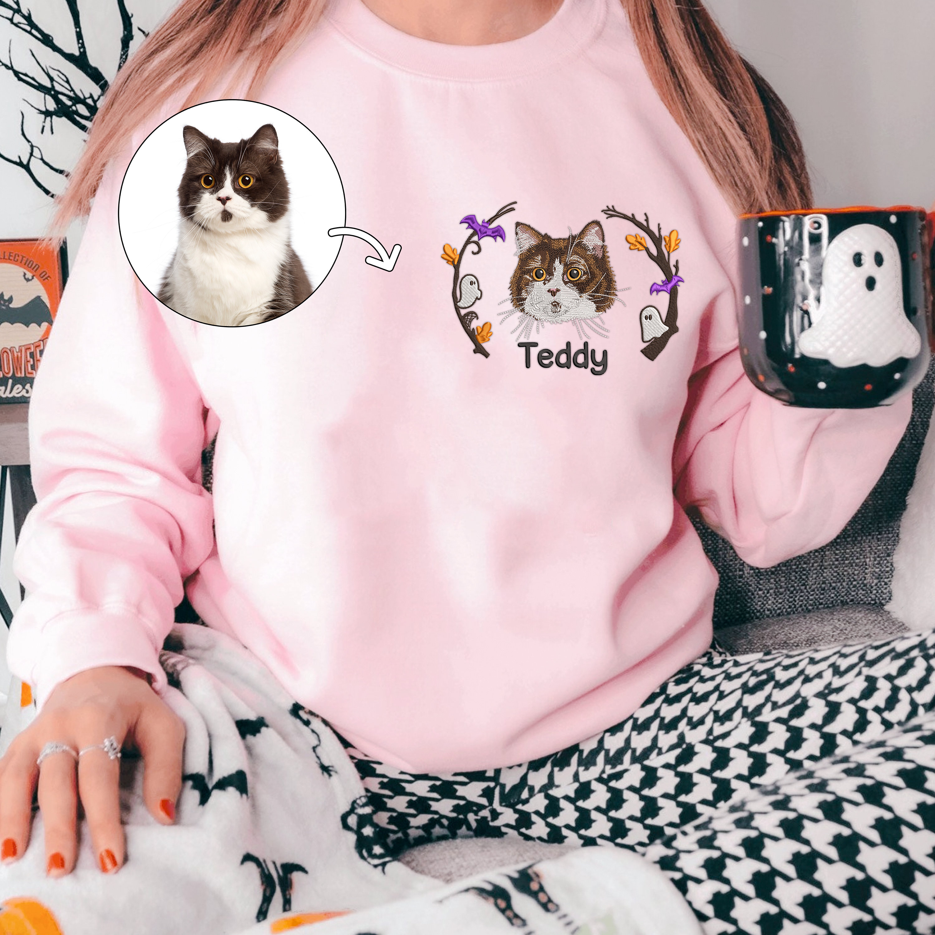 Custom Halloween Embroidered Dog Portrait Photo Sweatshirt