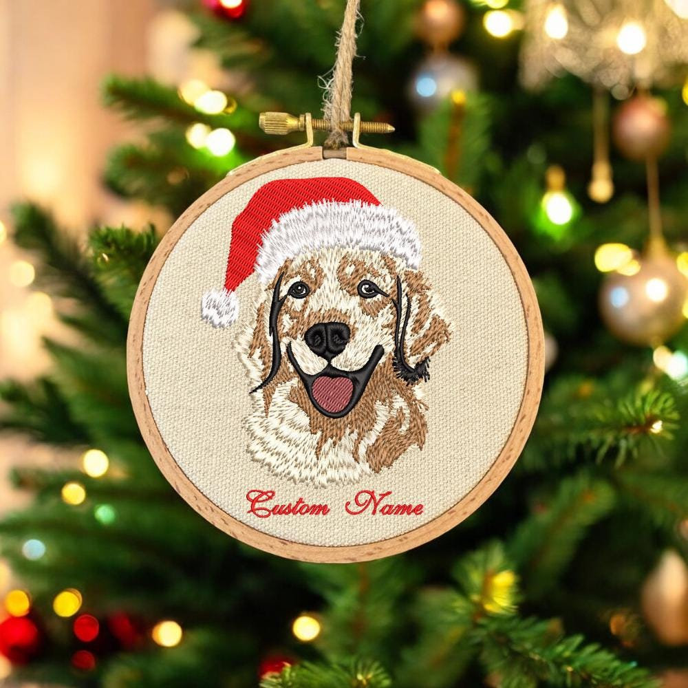 Embroidered Golden Retriever Christmas Ornament, Personalized Name Photo Golden Dog Christmas Decor