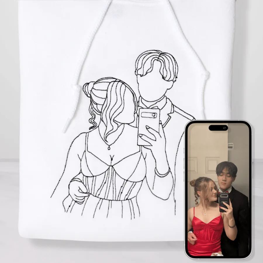 Custom Couples Portrait Outline Embroidery Hoodie