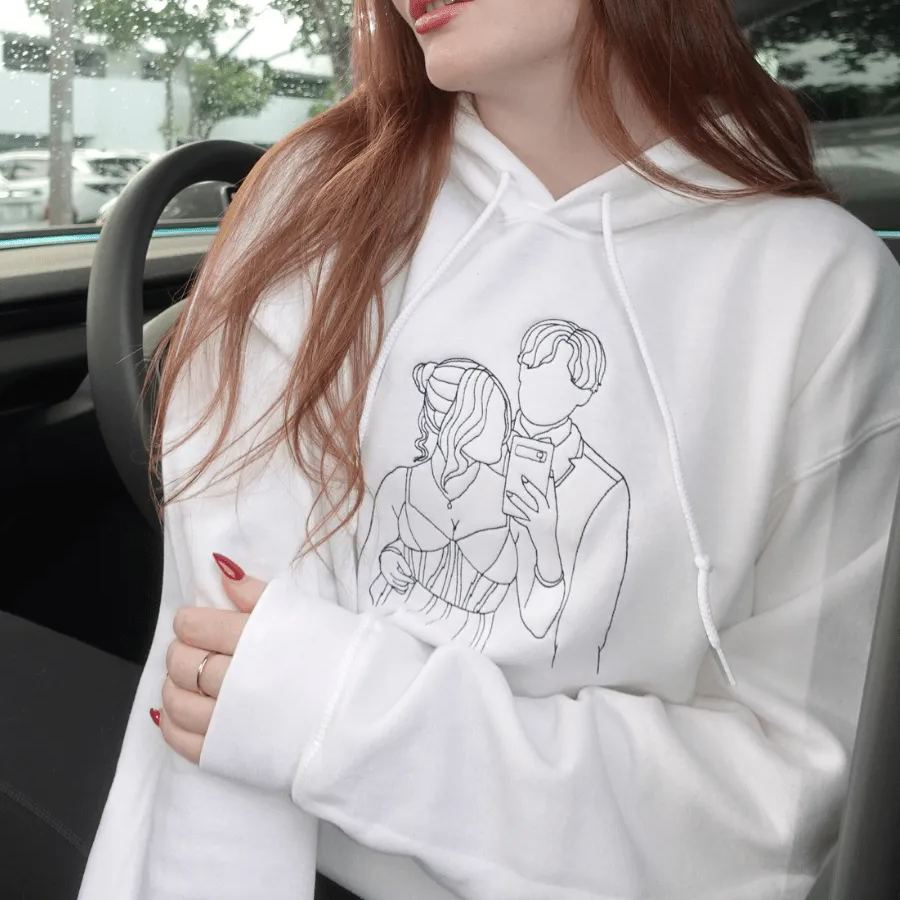 Custom Couples Portrait Outline Embroidery Hoodie