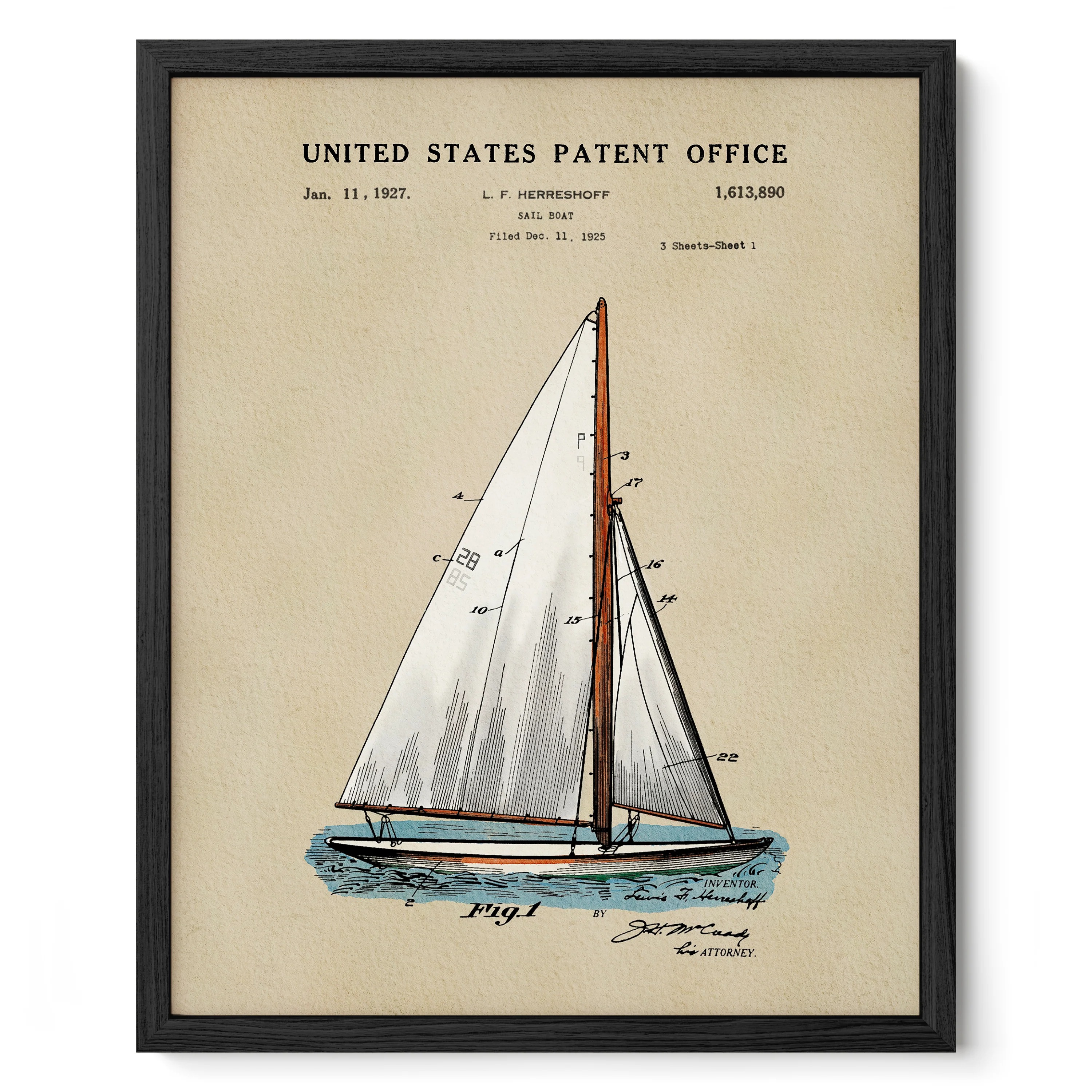 Sailboat (1927) Iconic Invention Watercolor Art Print - Art Home Decor