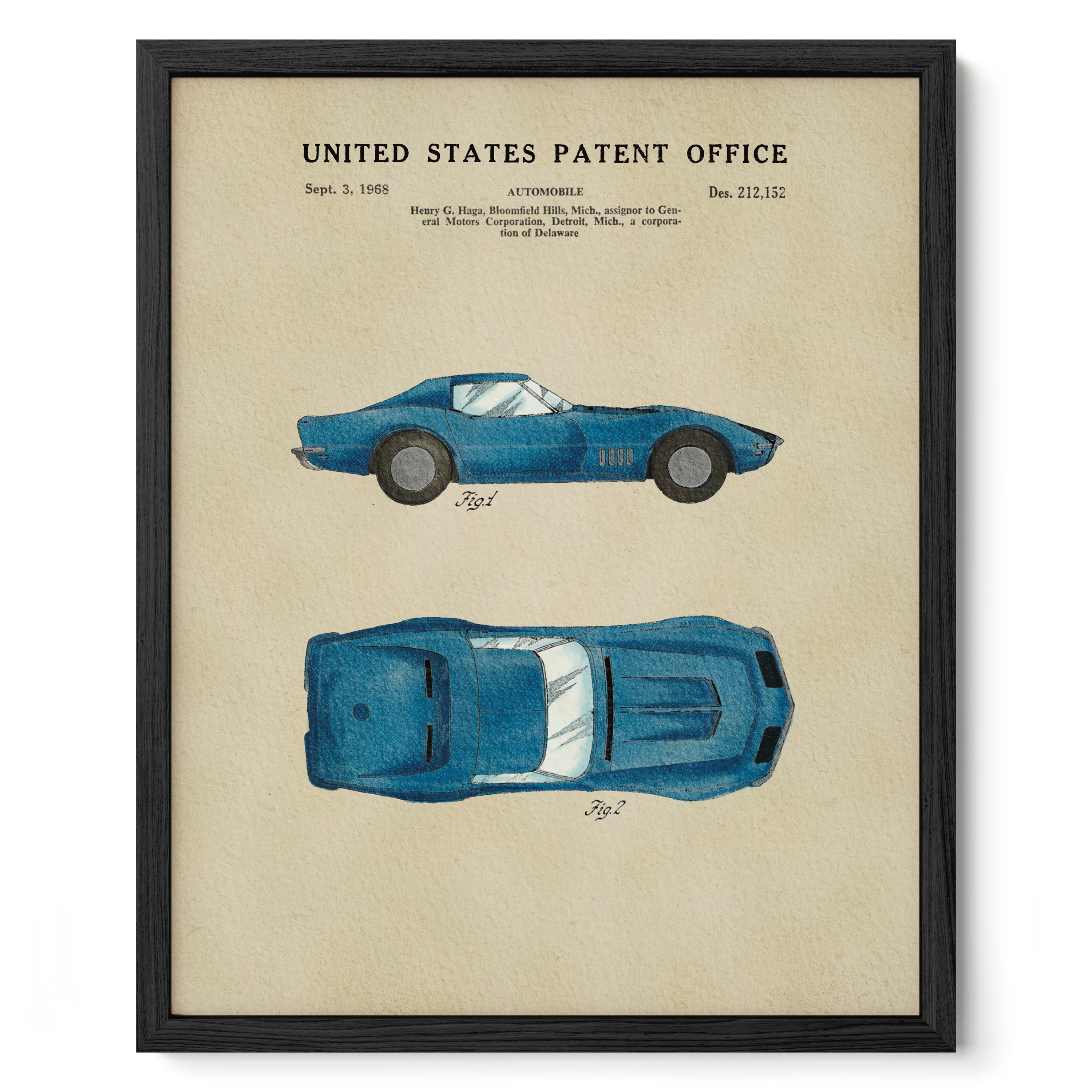 Blue Muscle Car (1968) Iconic Invention Watercolor Art Print - Art Home Decor