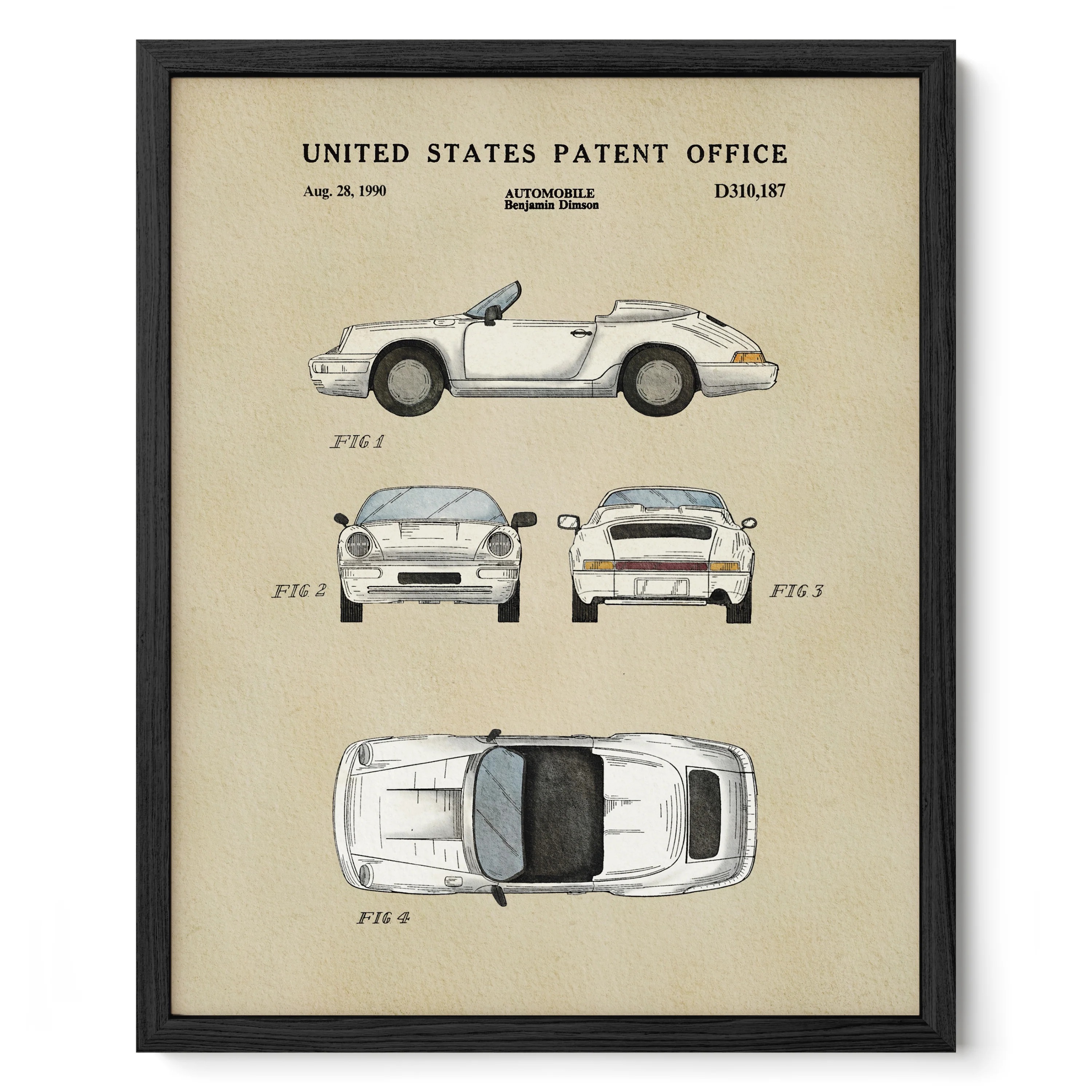 White Vintage Convertible (1990) Iconic Invention Watercolor Art Print - Art Home Decor